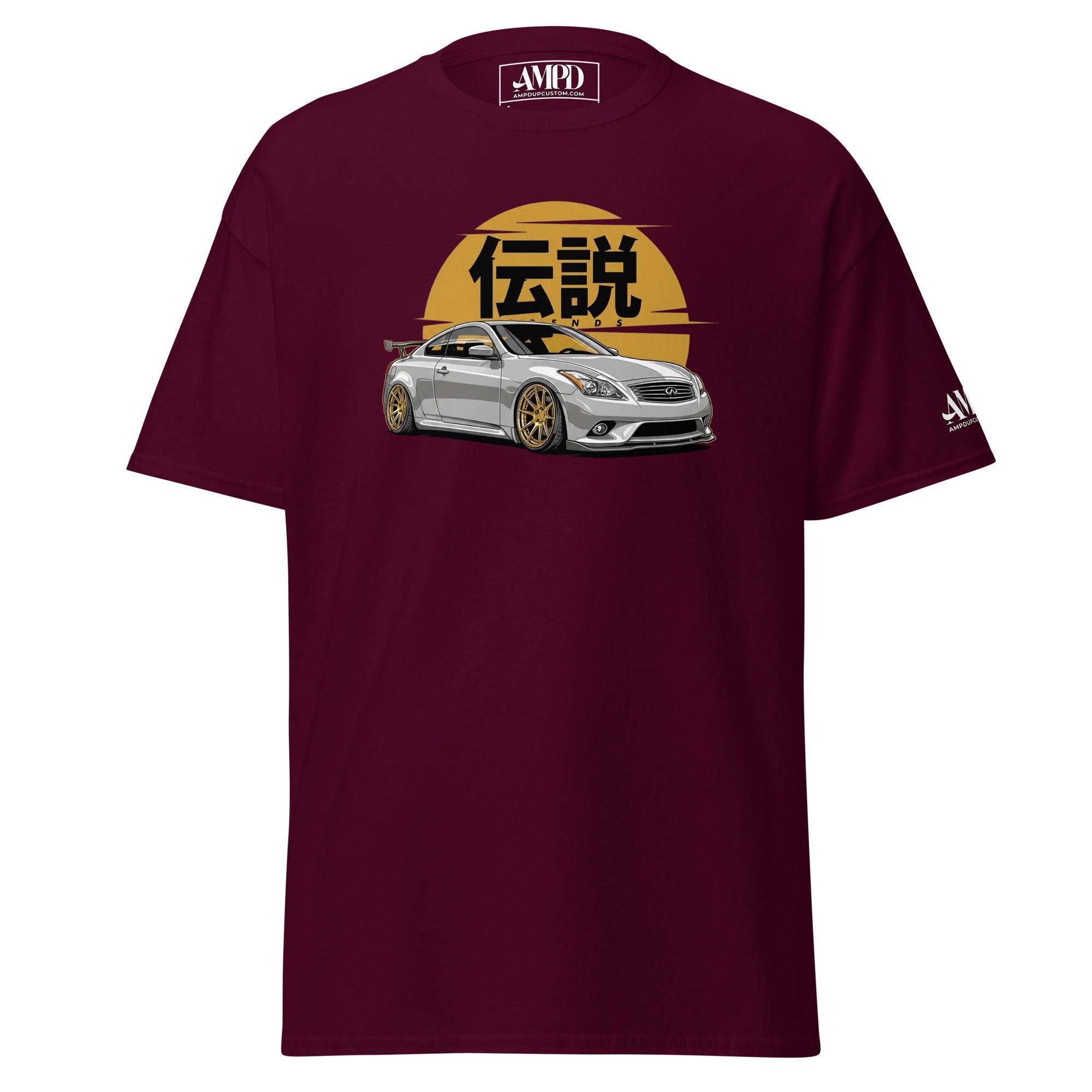 Maroon t-shirt with car graphic and 'AMPED' logo on a white background