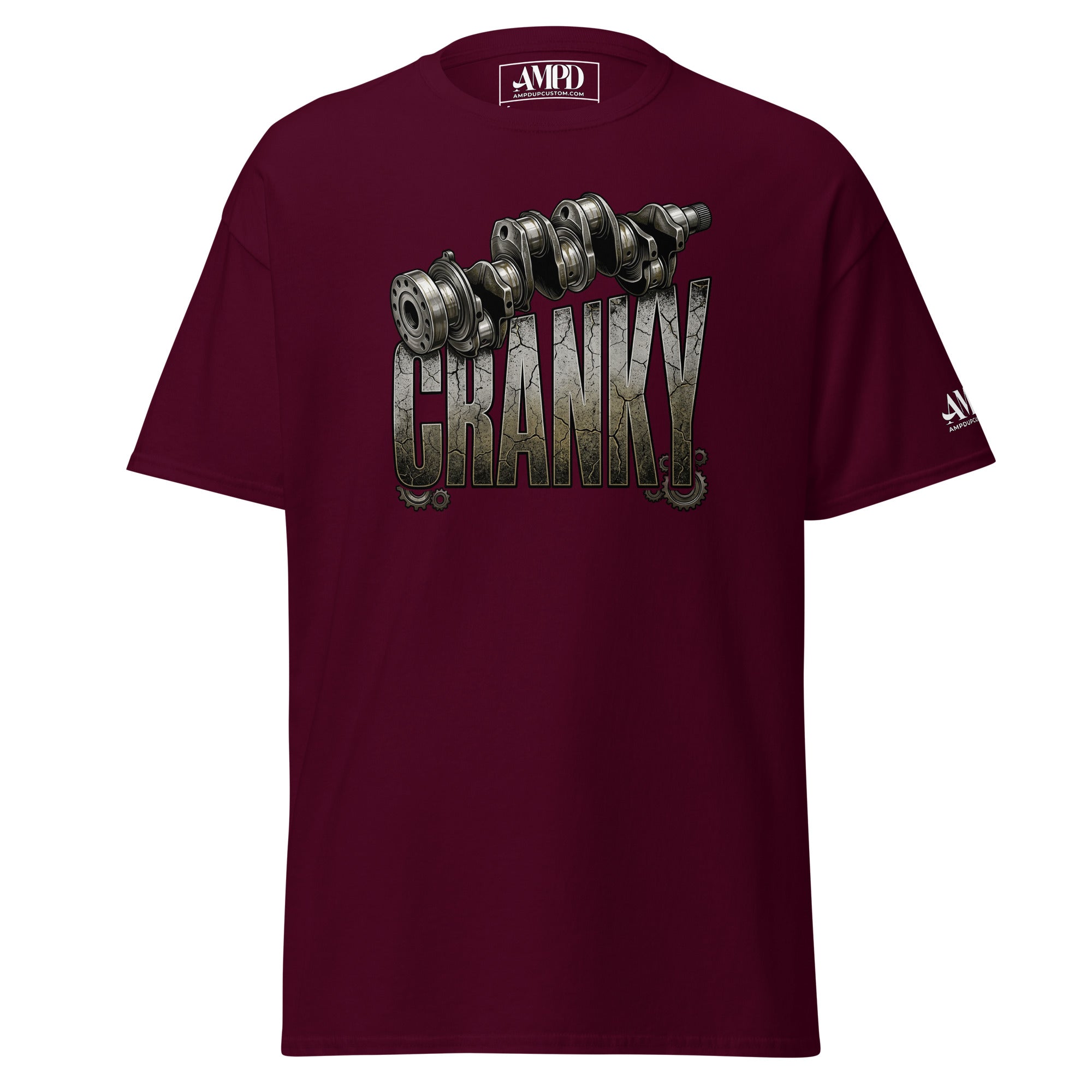 Maroon t-shirt with 'Out Chanky' graphic design on a white background