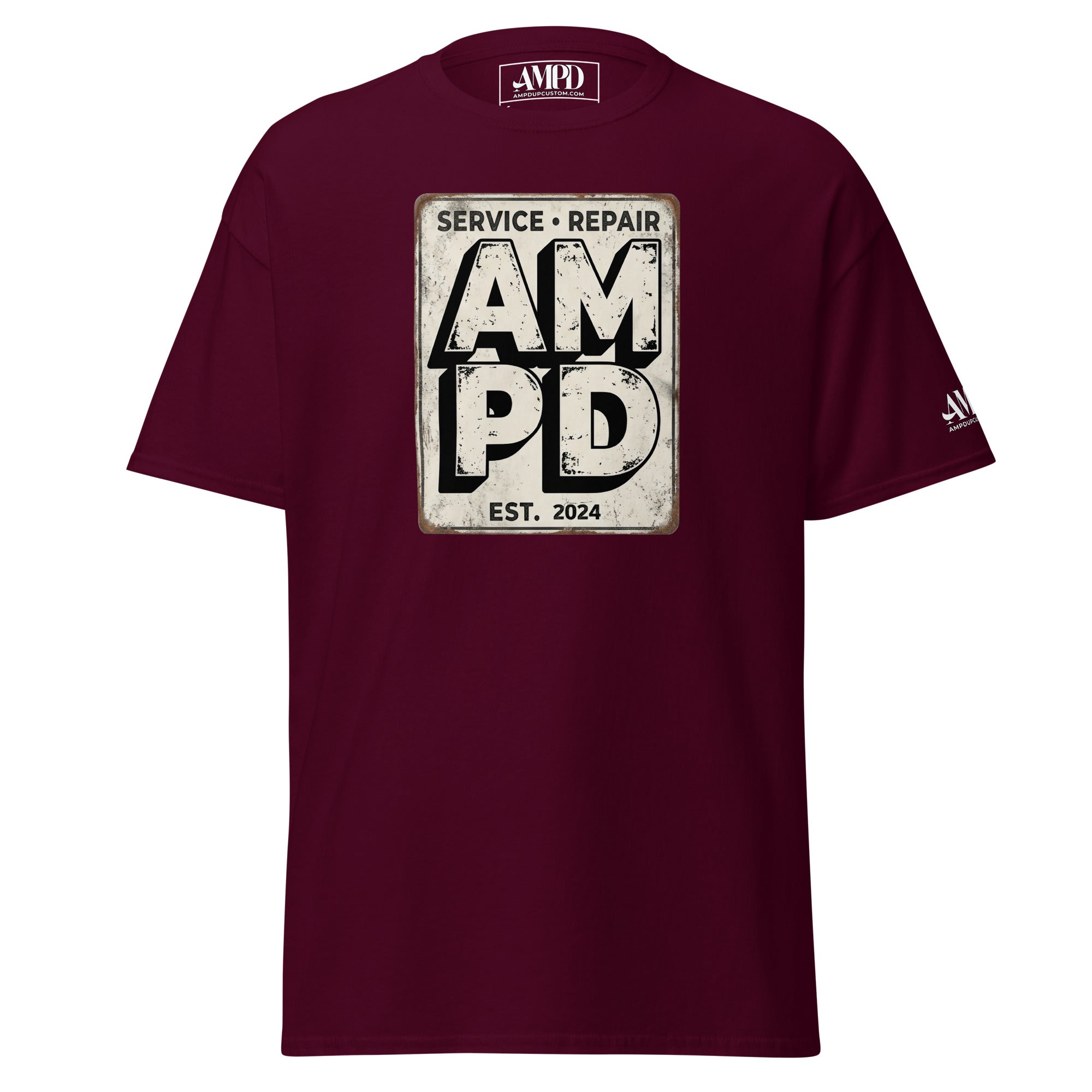 Maroon t-shirt with 'Service Repair AMPD EST. 2024' print on a white background