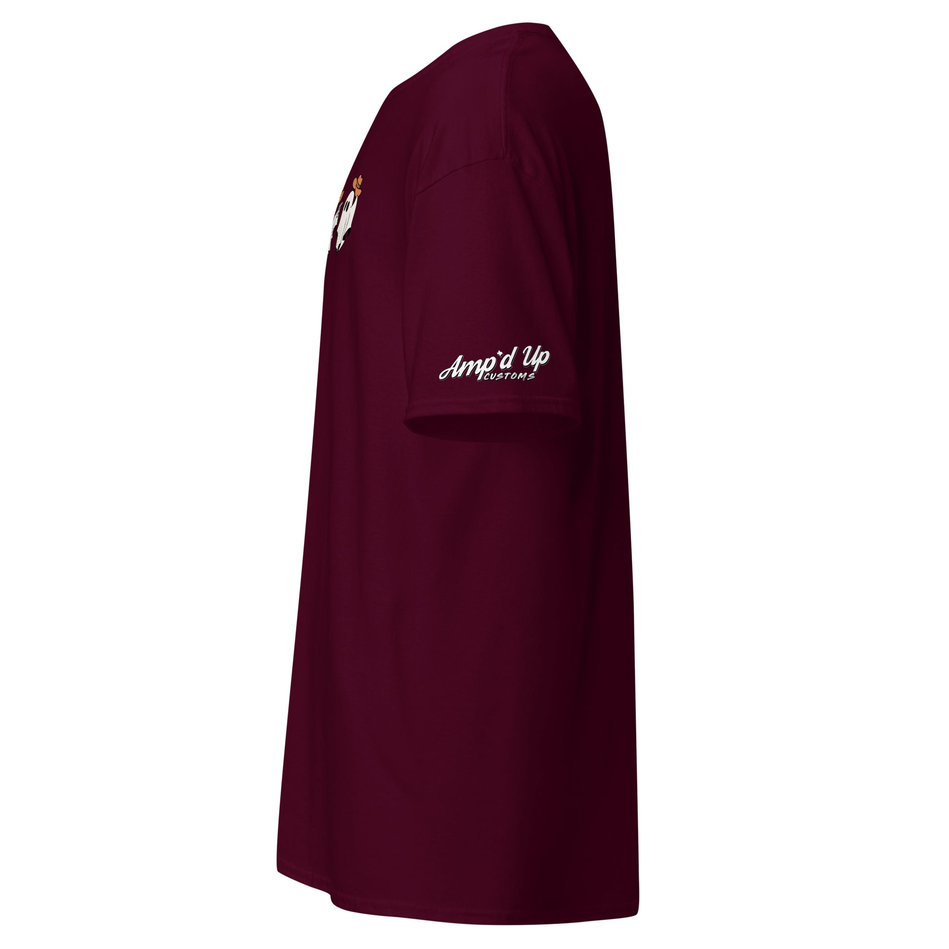 Amp'd Up Custom maroon Cowboy Ghosts T-Shirt showing side view with logo on sleeve