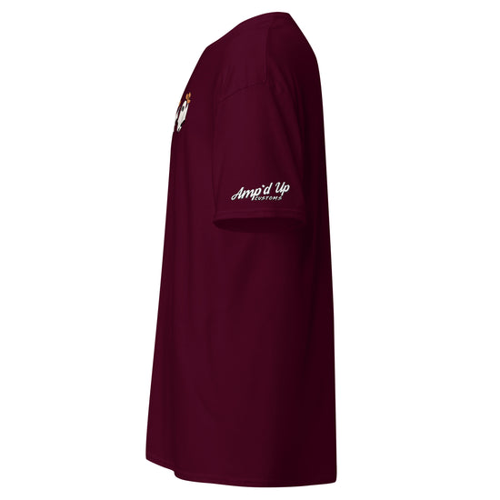 Amp'd Up Custom maroon Cowboy Ghosts T-Shirt showing side view with logo on sleeve