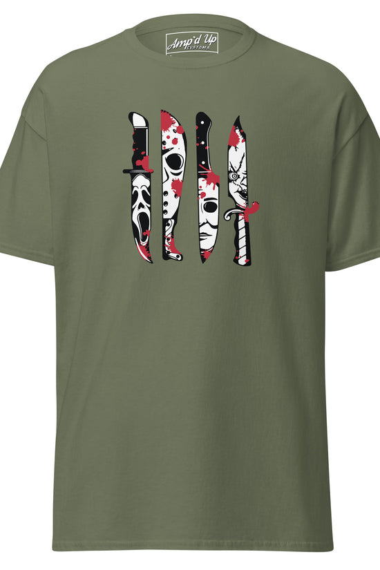 Amp'd Up Custom Horror Movie Classic Knives T-Shirt in olive green with graphic of iconic horror knives and masks