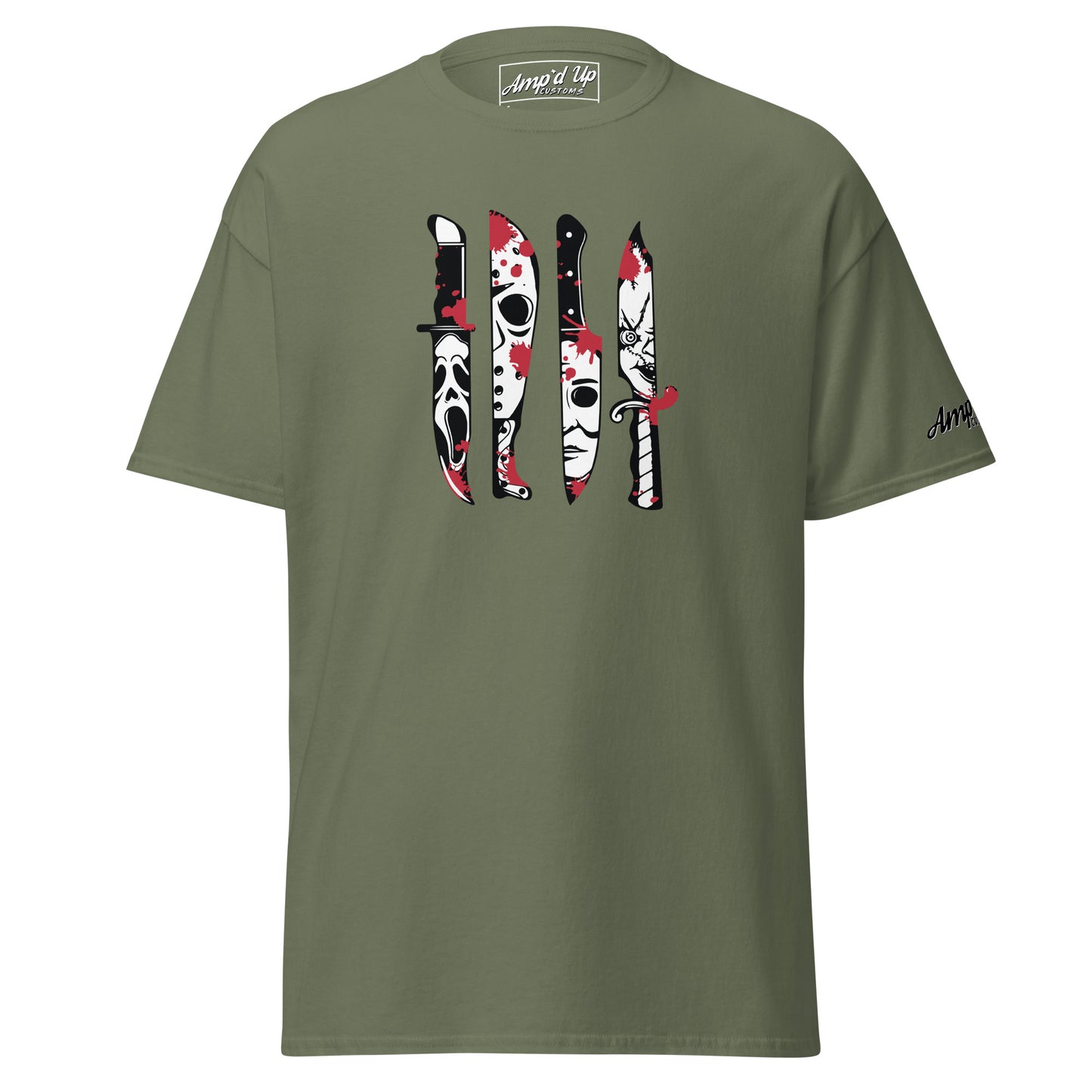 Amp'd Up Custom Horror Movie Classic Knives T-Shirt in olive green with graphic of iconic horror knives and masks