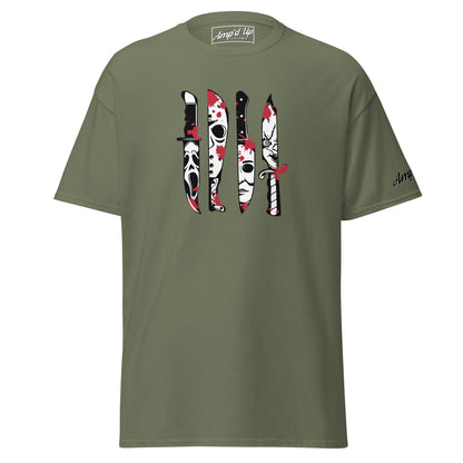 Amp'd Up Custom Horror Movie Classic Knives T-Shirt in olive green with graphic of iconic horror knives and masks