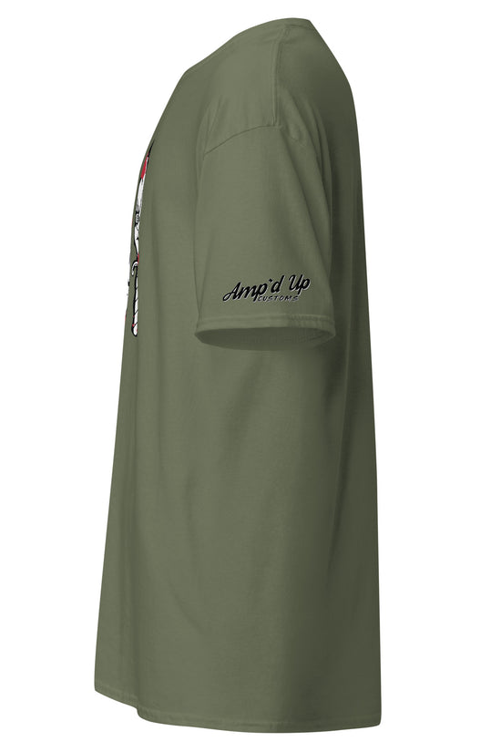 Amp'd Up Custom olive green Horror Movie Classic Knives T-Shirt side view with sleeve logo