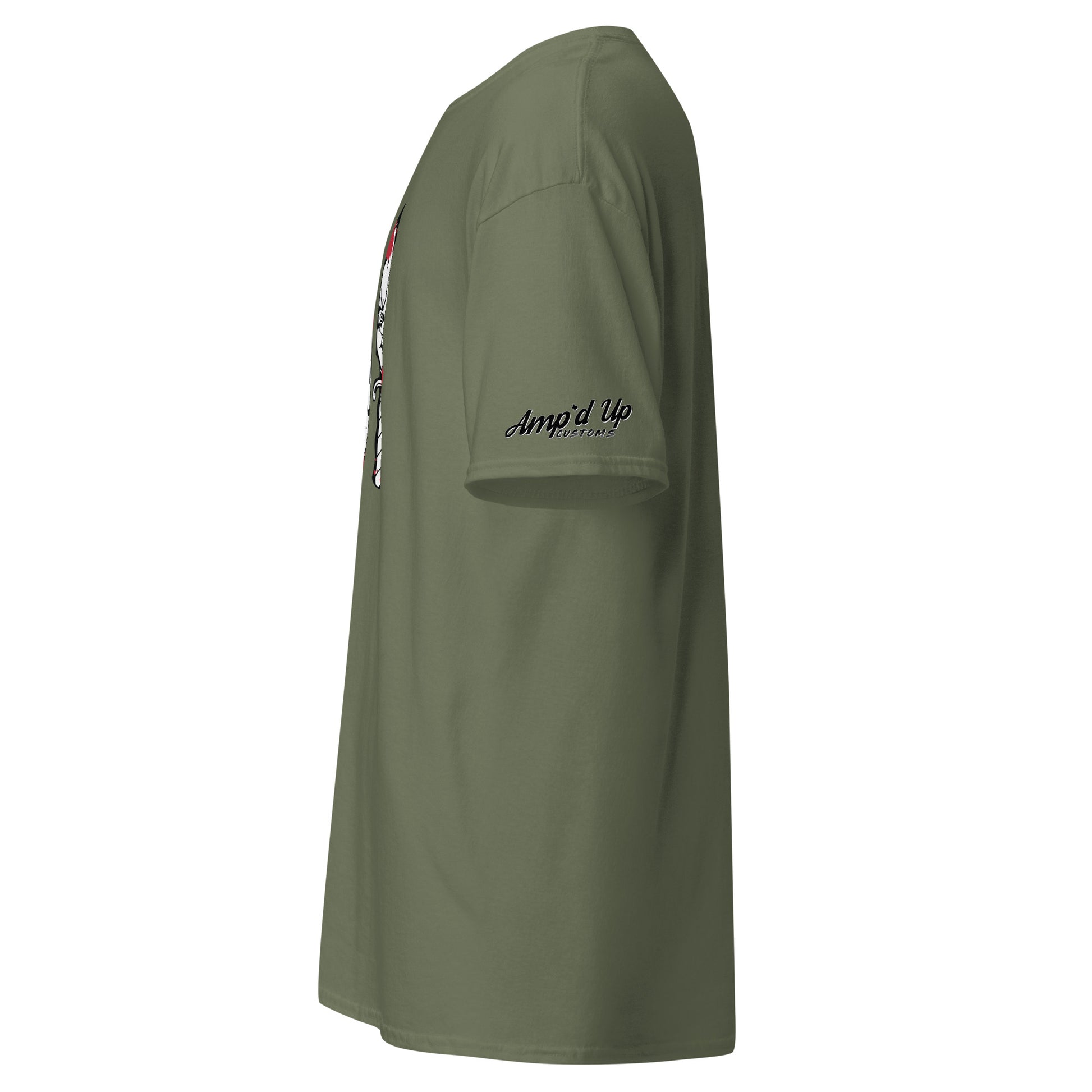 Amp'd Up Custom olive green Horror Movie Classic Knives T-Shirt side view with sleeve logo