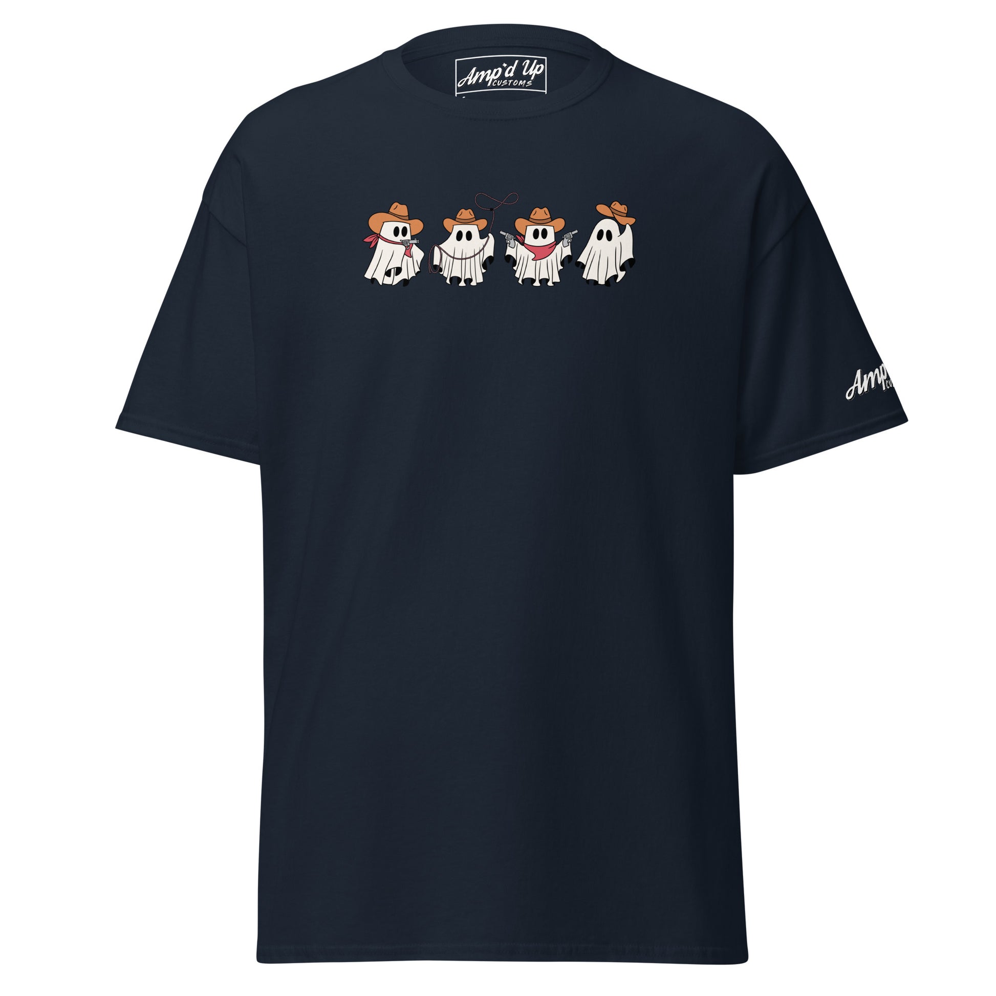Amp'd Up Custom Cowboy Ghosts T-Shirt with four cartoon ghost cowboys wearing hats on a black tee
