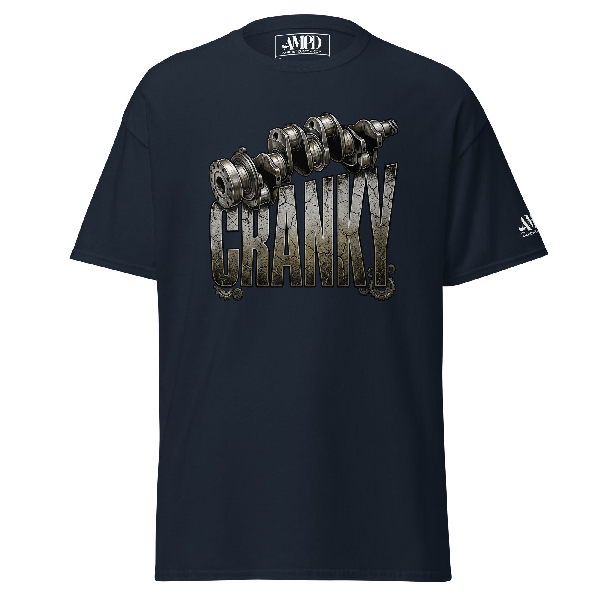 Navy t-shirt with white text quote on a white background