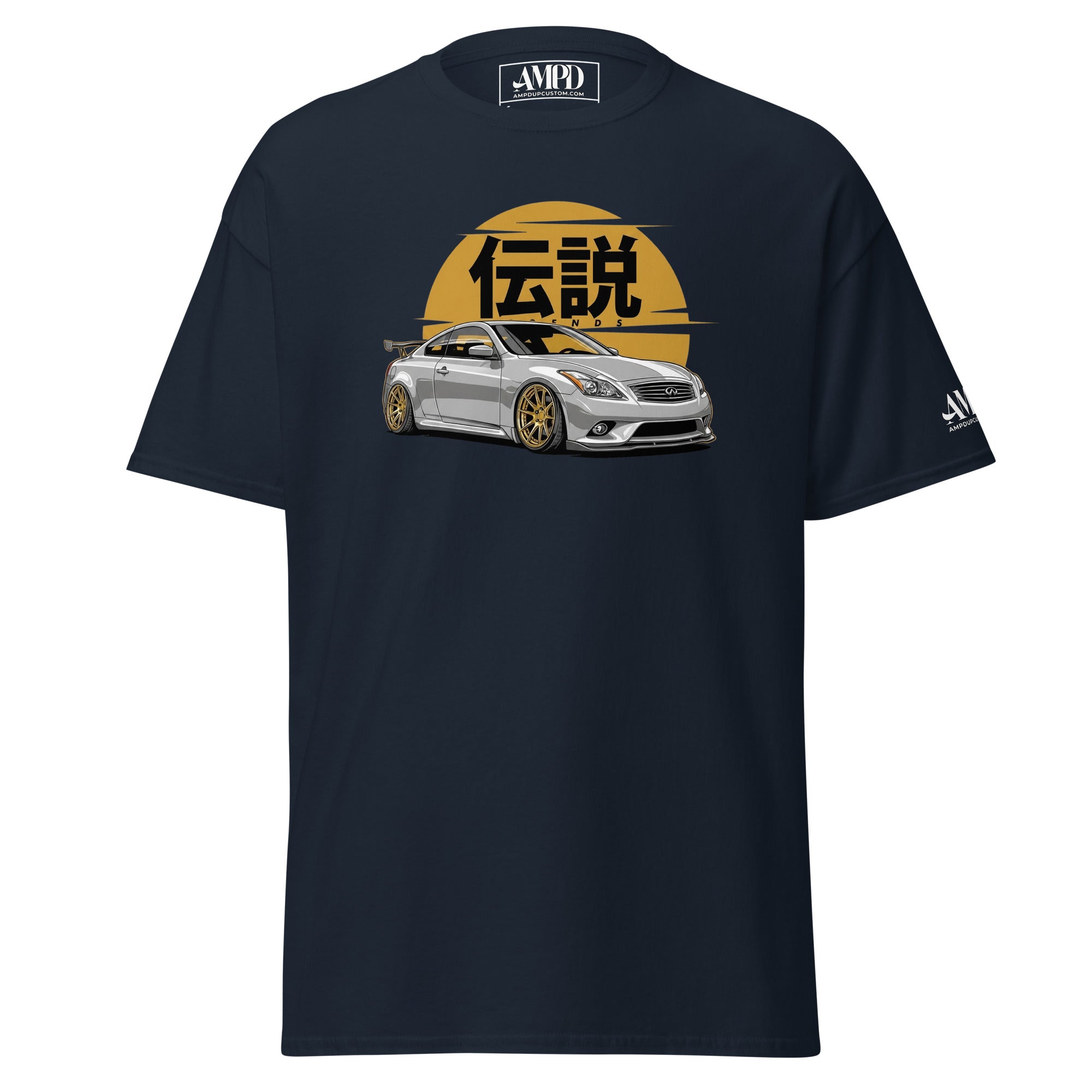 Black t-shirt with car graphic and 'AMPED' branding on a white background