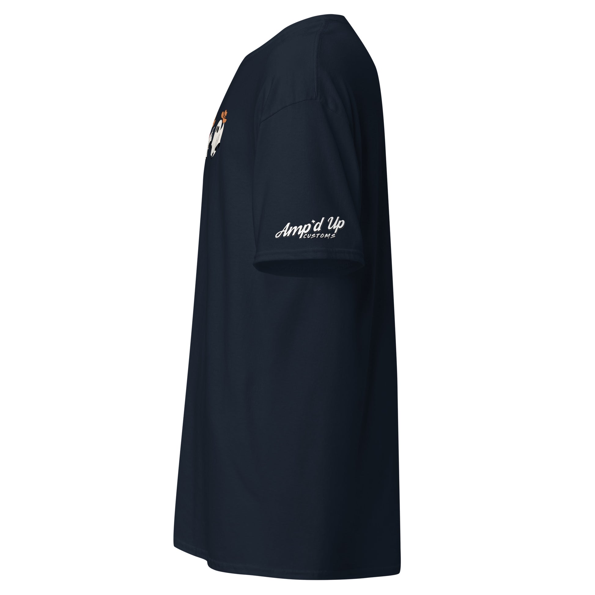 Amp'd Up Custom Cowboy Ghosts T-Shirt in black showing side view with logo on sleeve