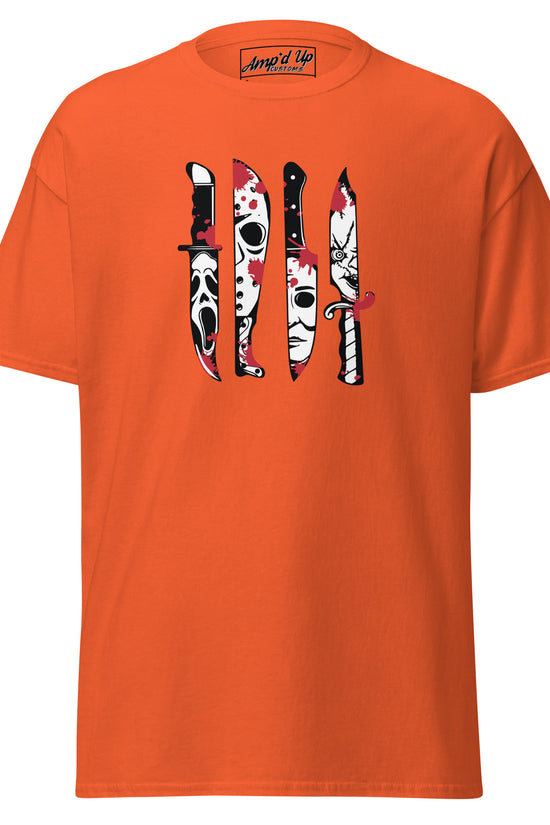 Orange Horror Movie Classic Knives T-Shirt by Amp'd Up Custom with horror knife graphic design