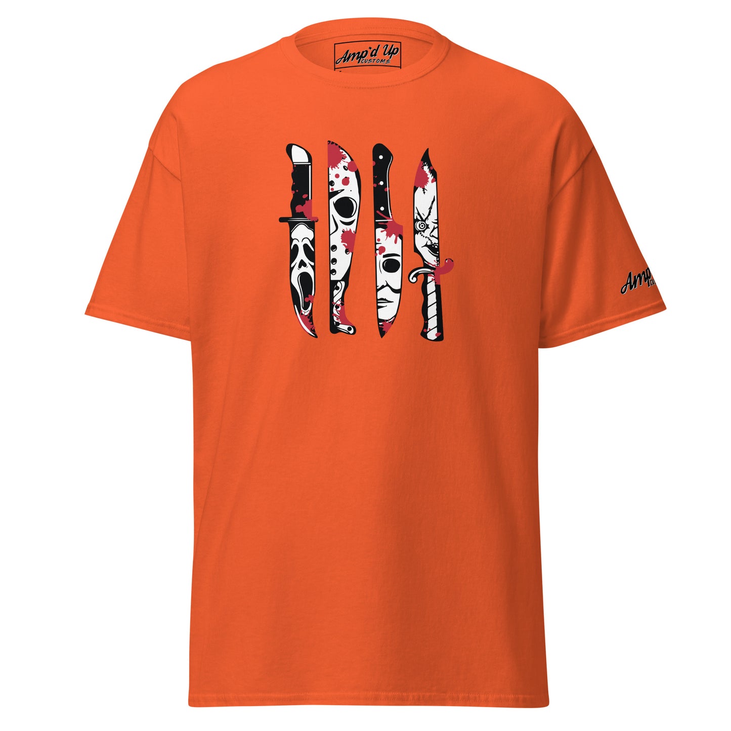 Orange Horror Movie Classic Knives T-Shirt by Amp'd Up Custom with horror knife graphic design