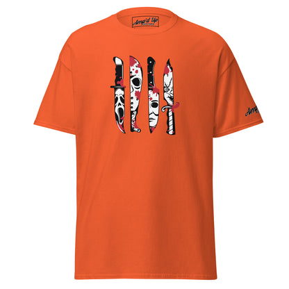 Orange Horror Movie Classic Knives T-Shirt by Amp'd Up Custom with horror knife graphic design