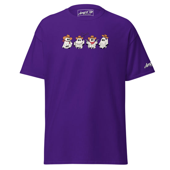 Purple Amp'd Up Custom Cowboy Ghosts T-Shirt with four cartoon ghost cowboys wearing hats