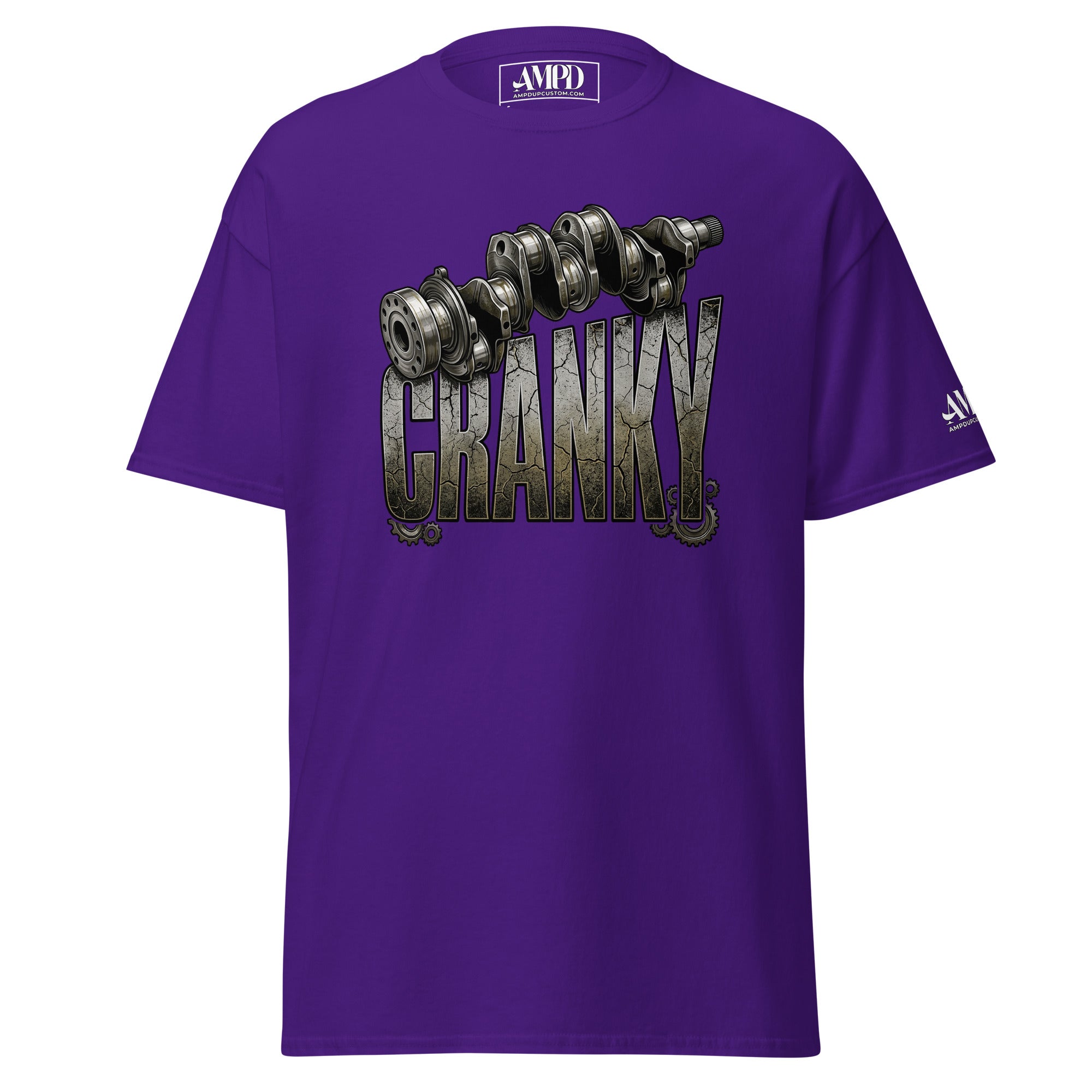 Purple t-shirt with mechanical design and 'CRANKY' text on a white background