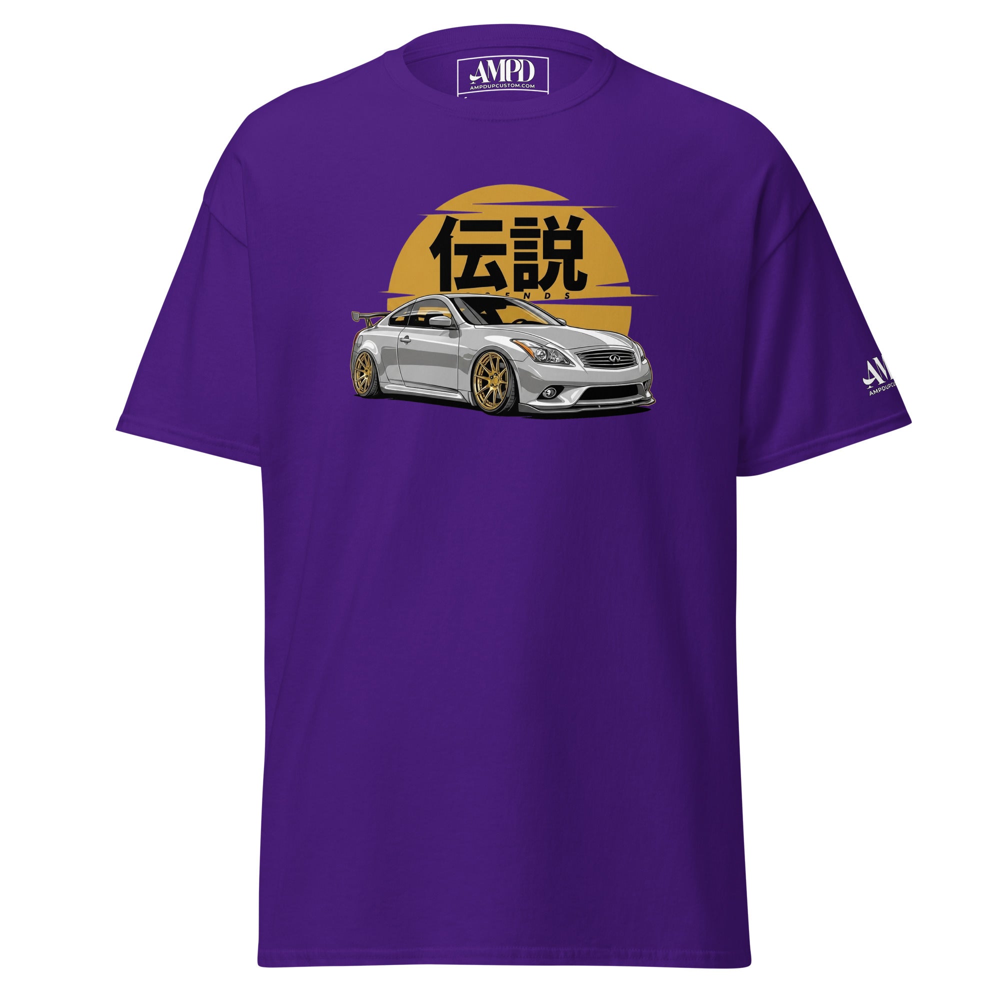 Purple t-shirt with a car graphic and 'AMPRO' branding on a white background