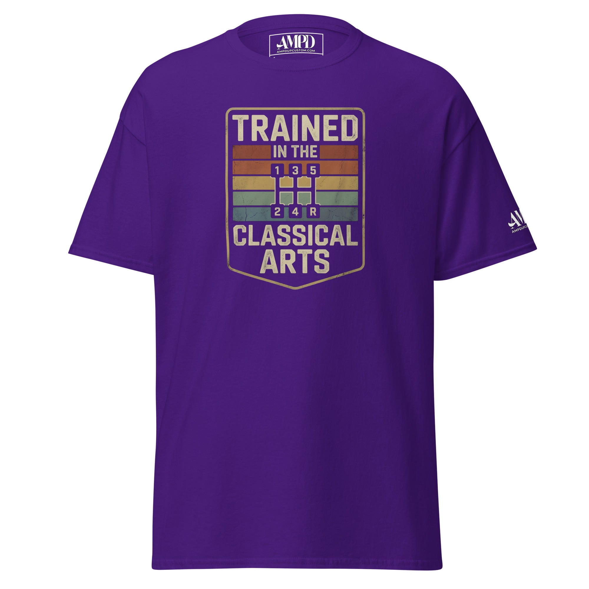 Purple t-shirt with 'Trained in the Classical Arts' graphic on a white background