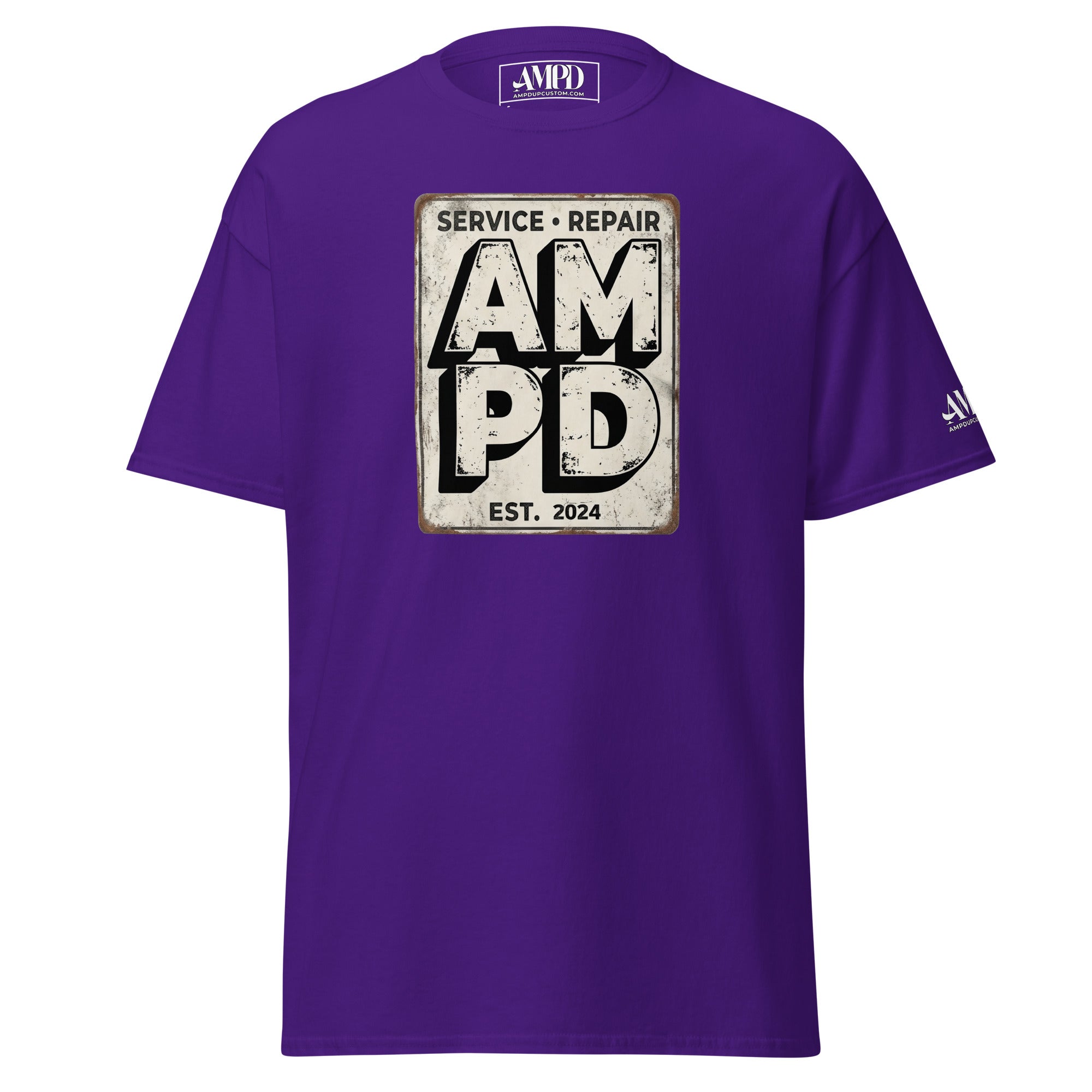 Purple t-shirt with 'Service Repair AMPD EST. 2024' design on a white background