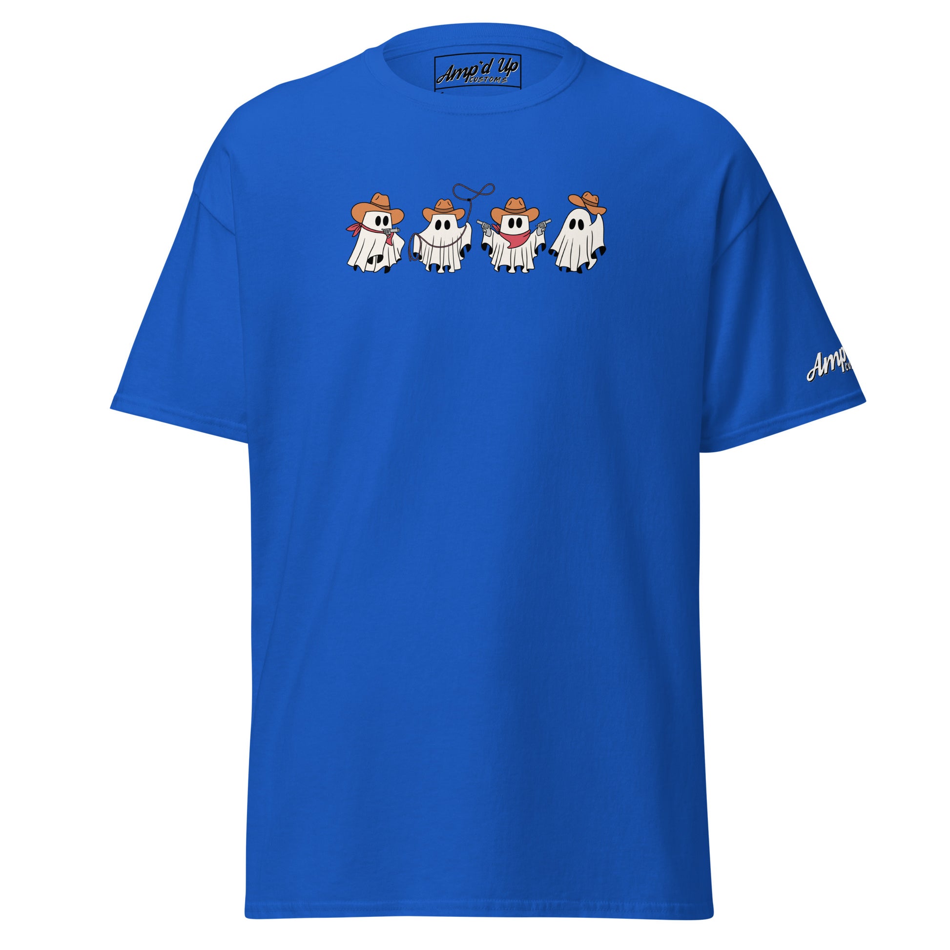 Amp'd Up Custom blue Cowboy Ghosts T-Shirt featuring four playful ghost characters wearing cowboy hats
