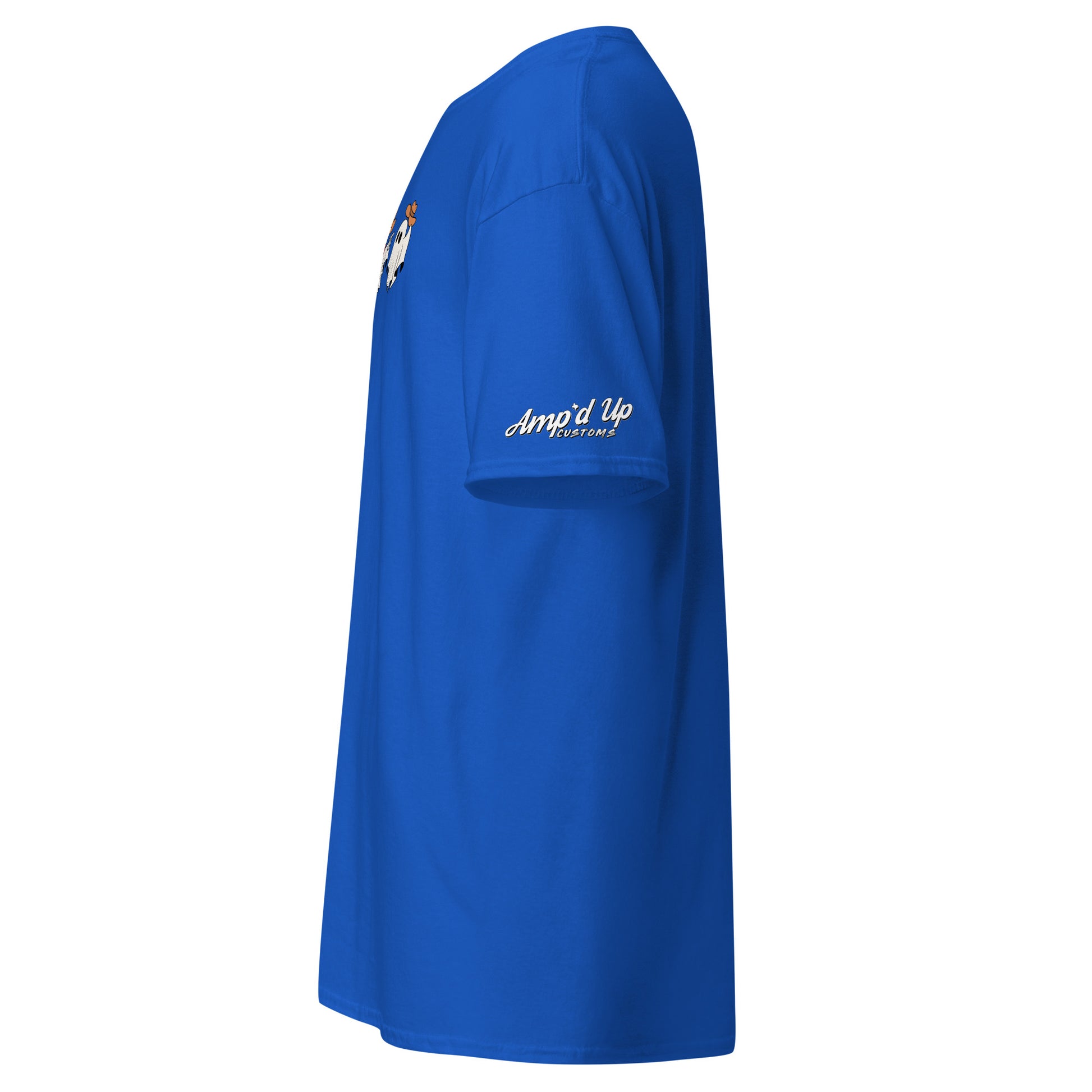 Blue Cowboy Ghosts T-Shirt by Amp'd Up Custom shown from side with logo on sleeve