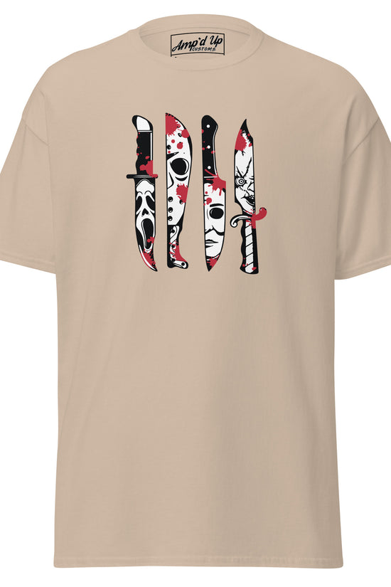 Amp'd Up Custom beige Horror Movie Classic Knives T-Shirt featuring iconic horror knife designs with blood splatter