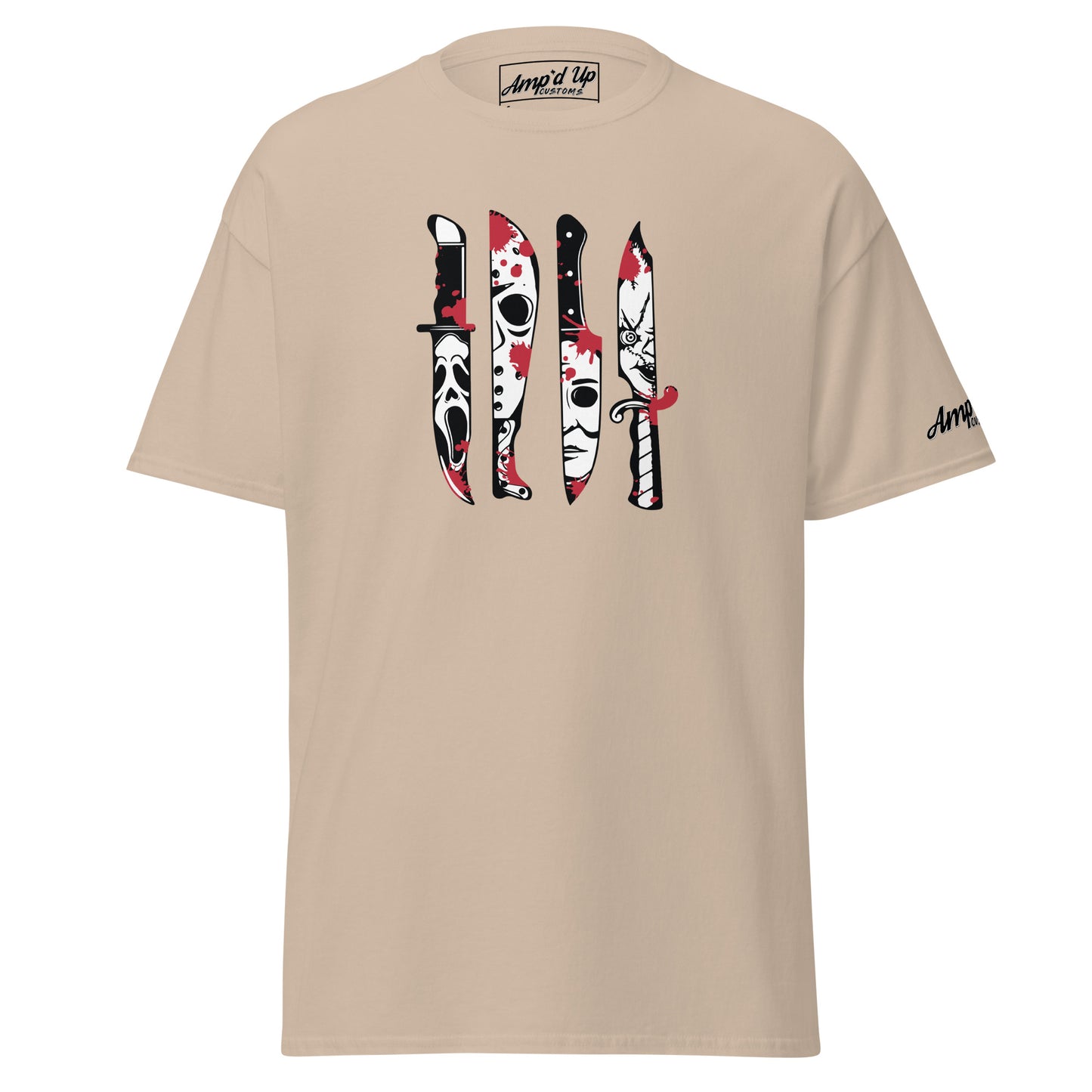 Amp'd Up Custom beige Horror Movie Classic Knives T-Shirt featuring iconic horror knife designs with blood splatter