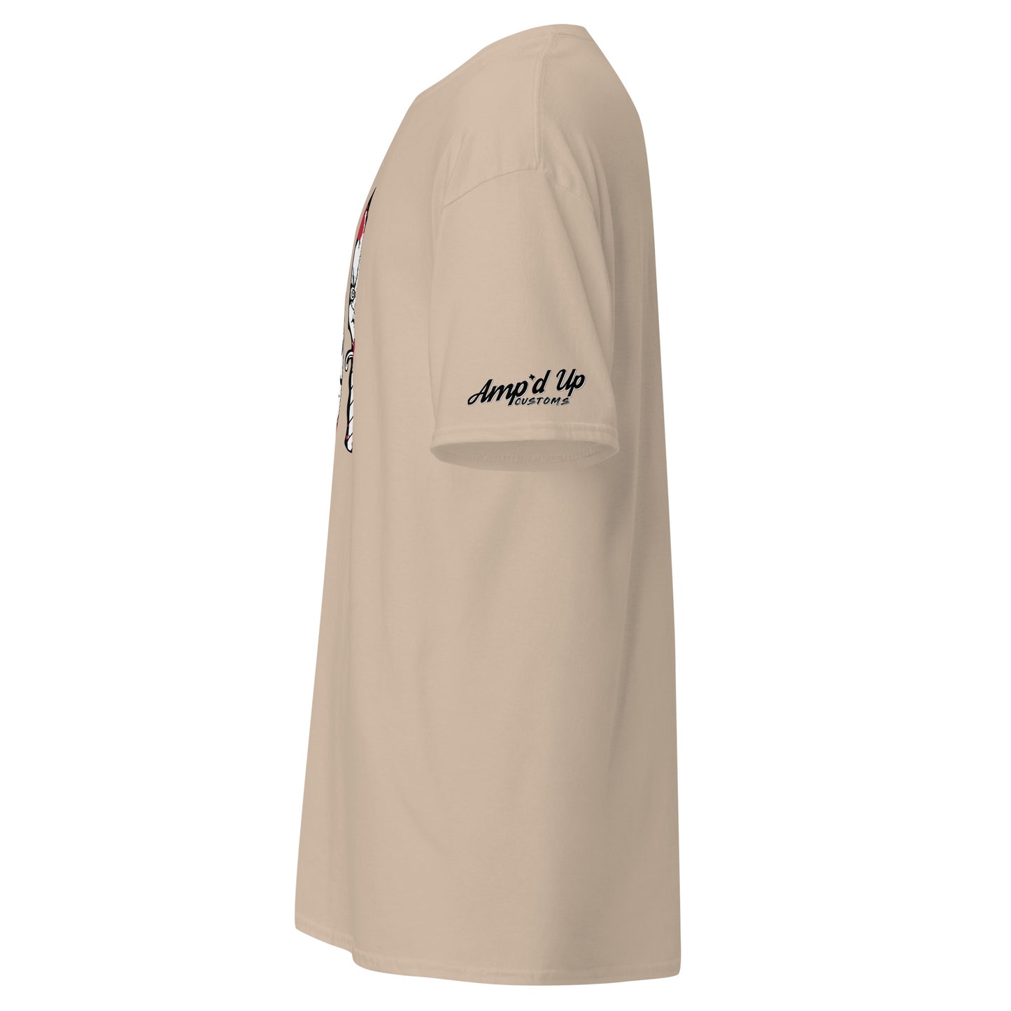 Side view of beige Amp'd Up Custom Horror Movie Classic Knives T-Shirt with logo on sleeve