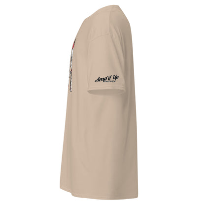 Side view of beige Amp'd Up Custom Horror Movie Classic Knives T-Shirt with logo on sleeve