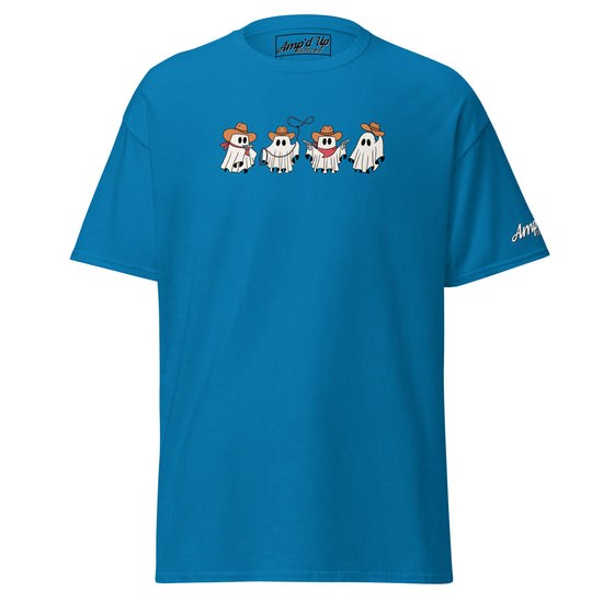 Amp'd Up Custom Cowboy Ghosts T-Shirt in blue with four playful cowboy ghost illustrations