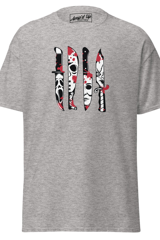 Gray Amp'd Up Custom Horror Movie Classic Knives T-Shirt featuring iconic horror knife designs with blood splatter