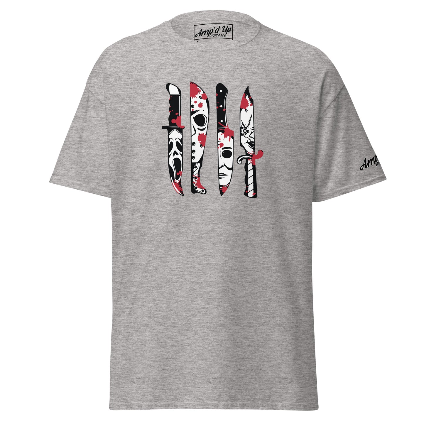 Gray Amp'd Up Custom Horror Movie Classic Knives T-Shirt featuring iconic horror knife designs with blood splatter
