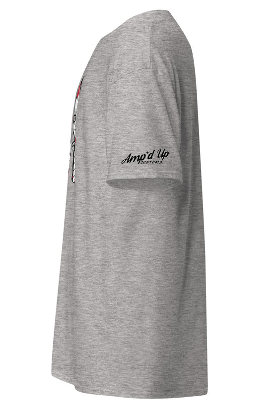 Side view of gray Horror Movie Classic Knives T-Shirt with Amp'd Up Custom logo on sleeve