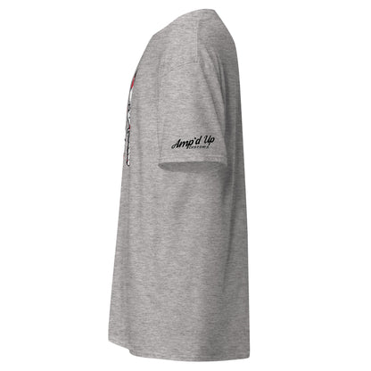 Side view of gray Horror Movie Classic Knives T-Shirt with Amp'd Up Custom logo on sleeve