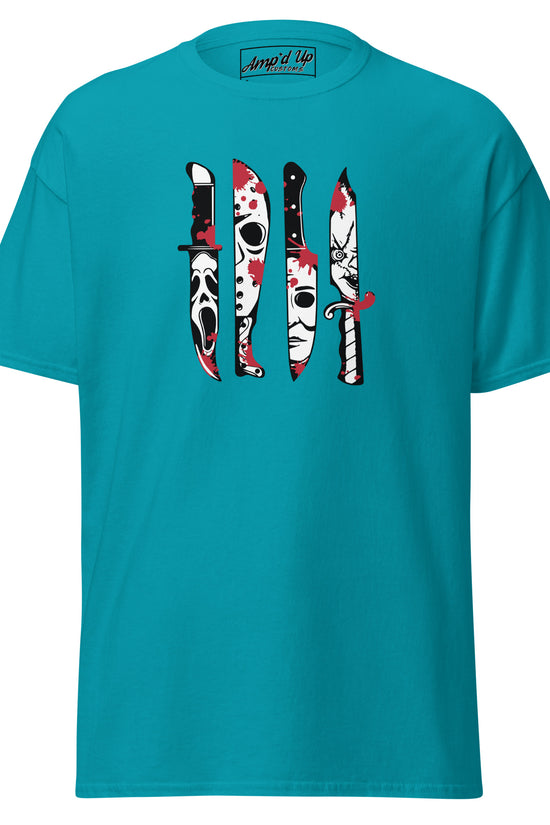 Amp'd Up Custom Horror Movie Classic Knives T-Shirt in teal with four iconic blood-splattered knife designs