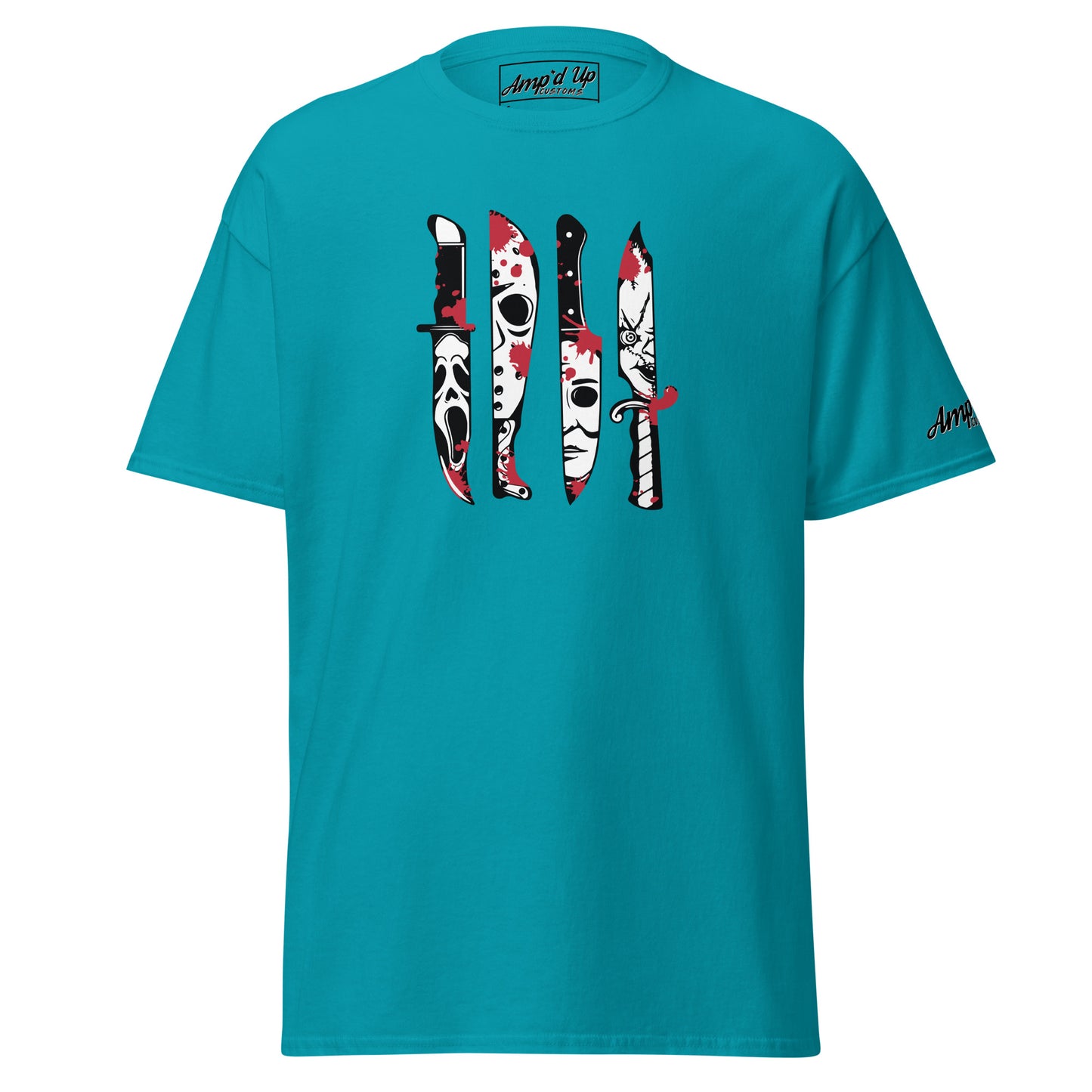 Amp'd Up Custom Horror Movie Classic Knives T-Shirt in teal with four iconic blood-splattered knife designs