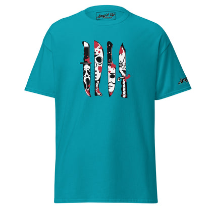 Amp'd Up Custom Horror Movie Classic Knives T-Shirt in teal with four iconic blood-splattered knife designs