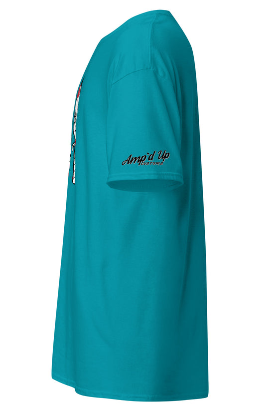 Side view of turquoise Horror Movie Classic Knives T-Shirt by Amp'd Up Custom with logo on sleeve