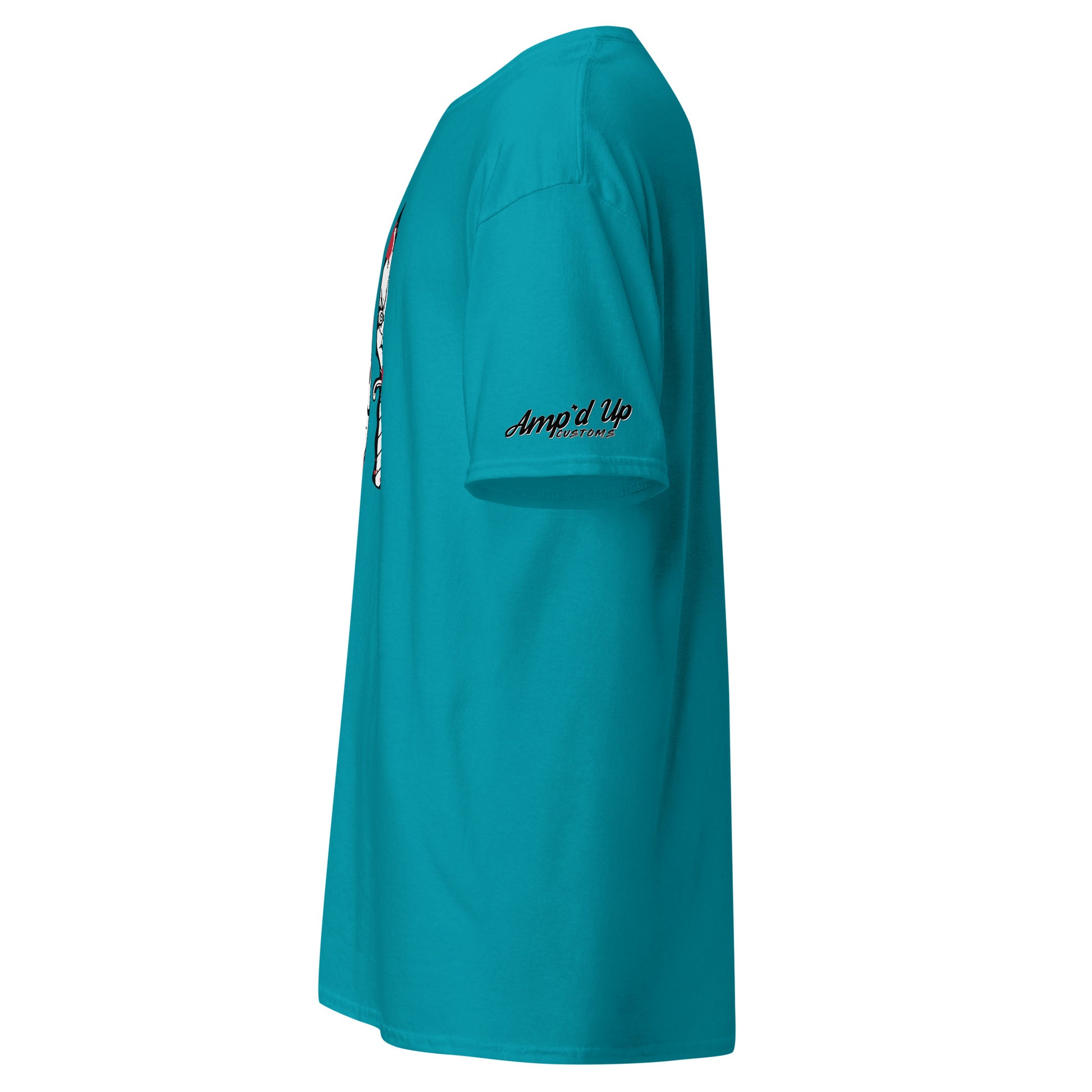 Side view of turquoise Horror Movie Classic Knives T-Shirt by Amp'd Up Custom with logo on sleeve