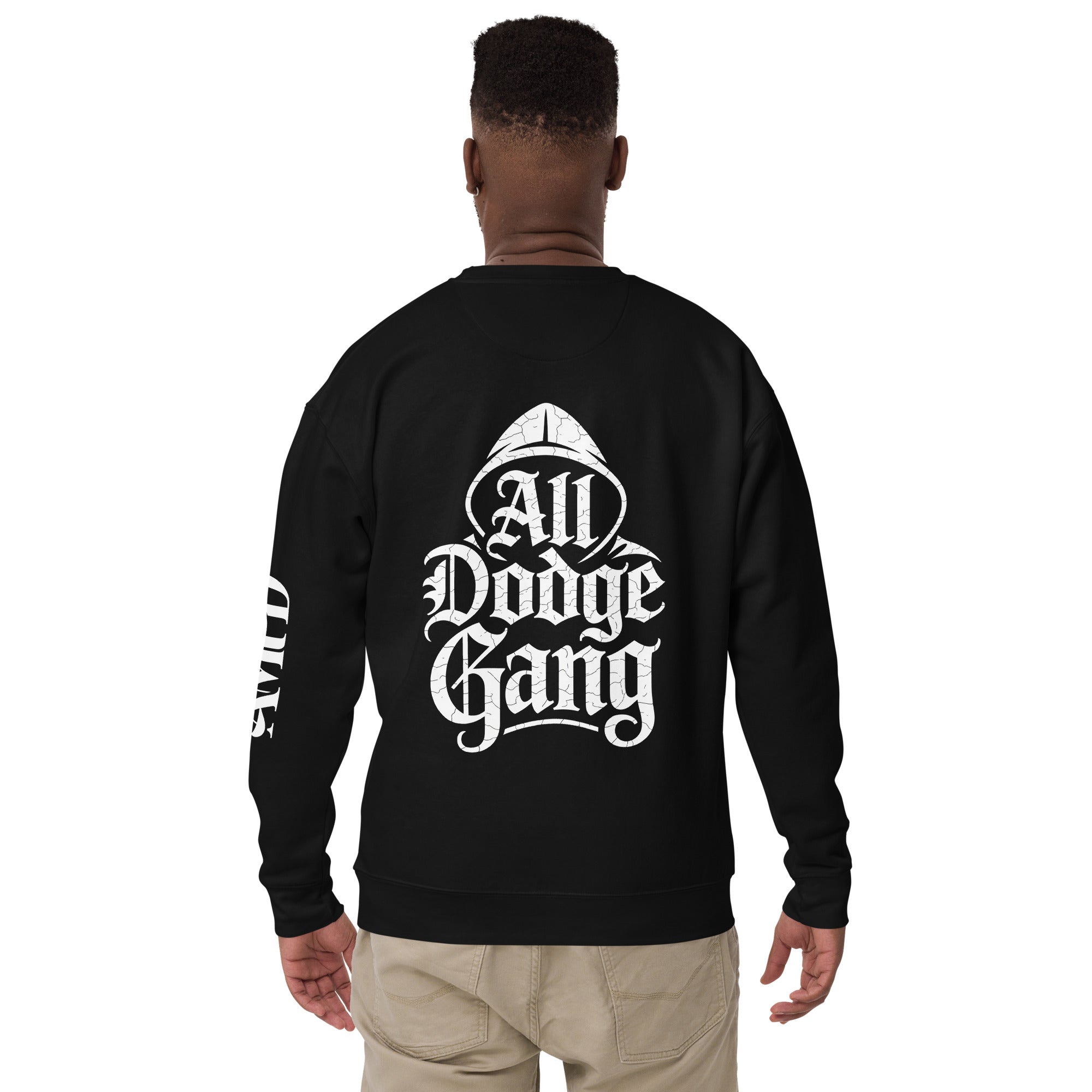 Person wearing a black sweatshirt with 'All Dodge Gang' text on the back, on a white background