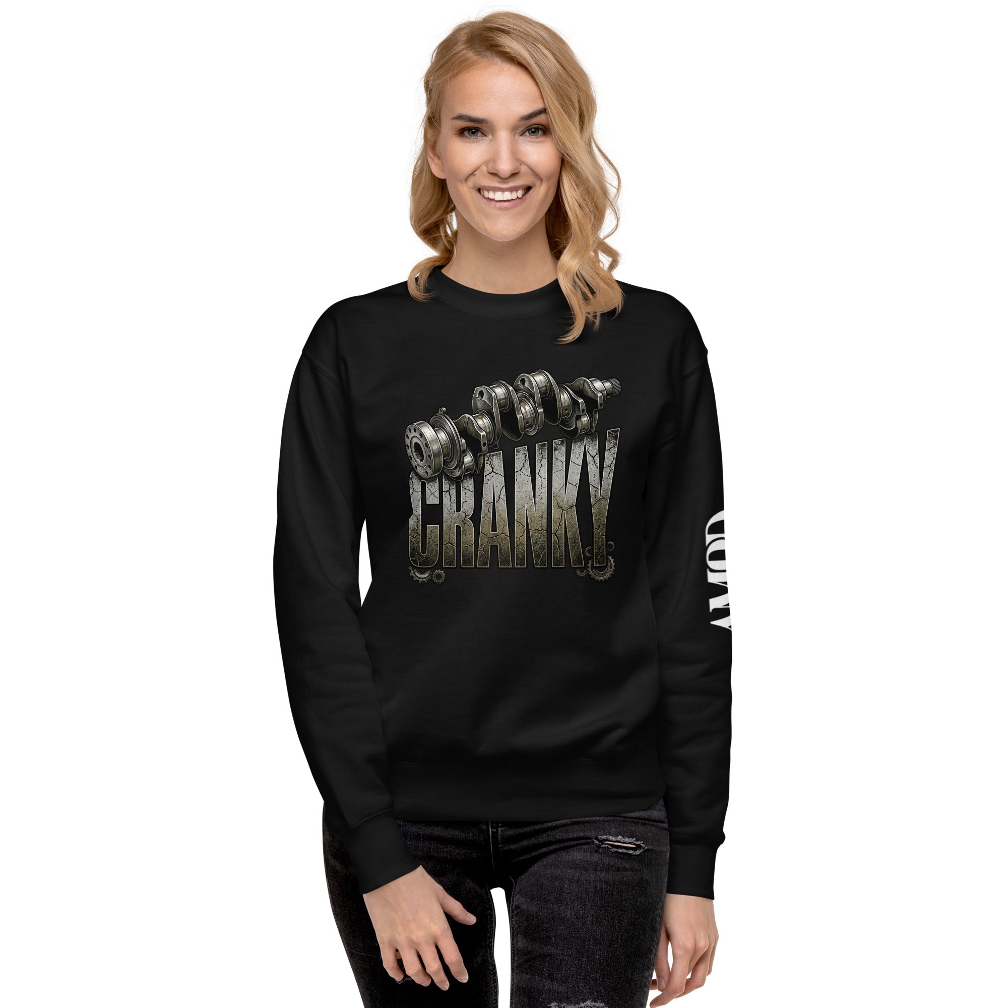 Woman wearing a black sweatshirt with 'Cranky' design on a white background