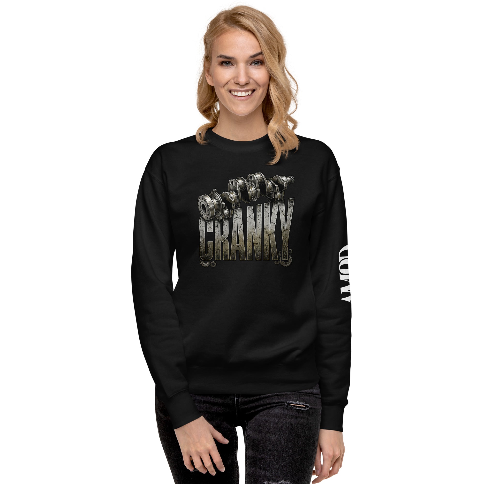 Person wearing a black sweatshirt with 'CRANKY' text and barbell graphics on a white background