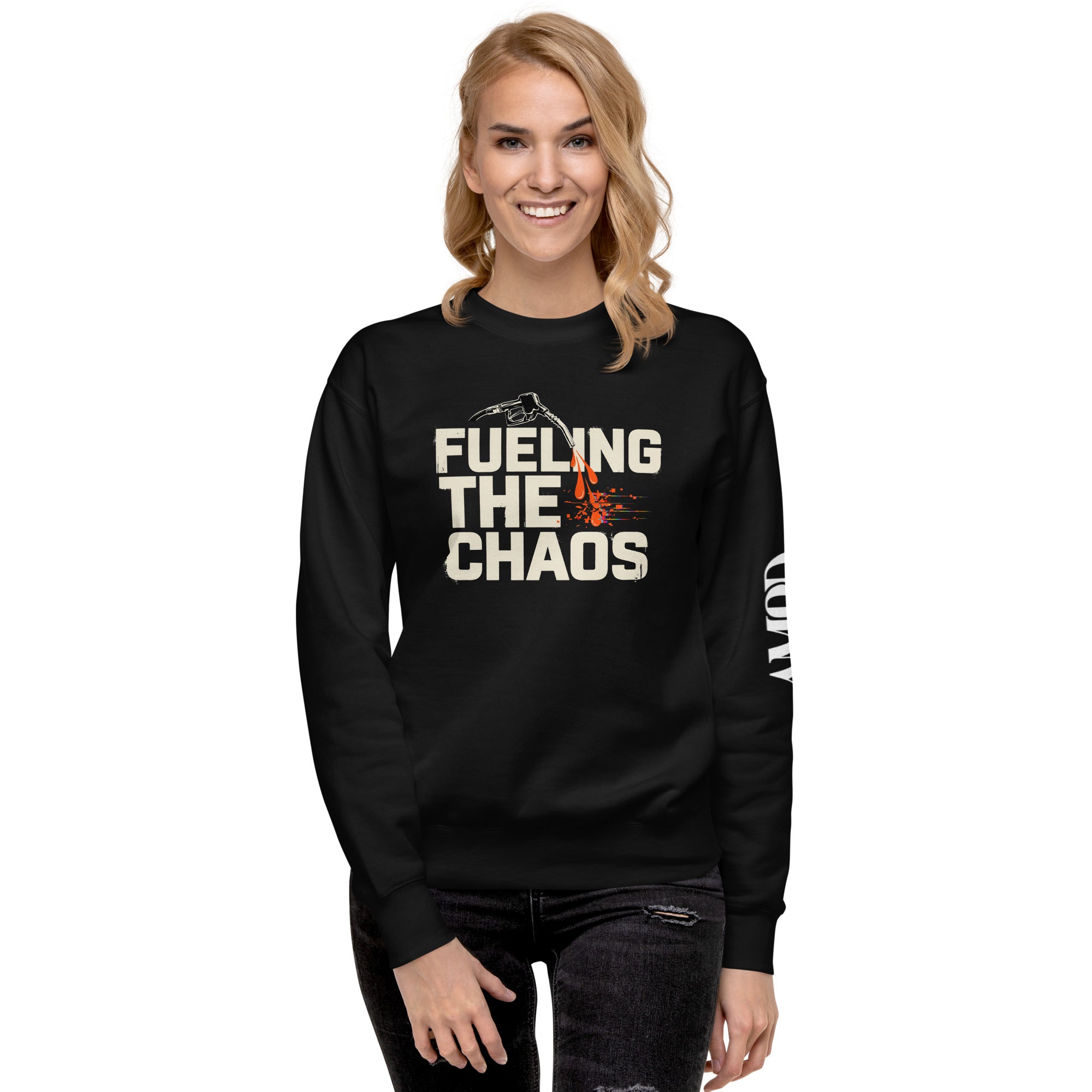 Person wearing a black sweatshirt with 'Fueling the Chaos' text on a white background