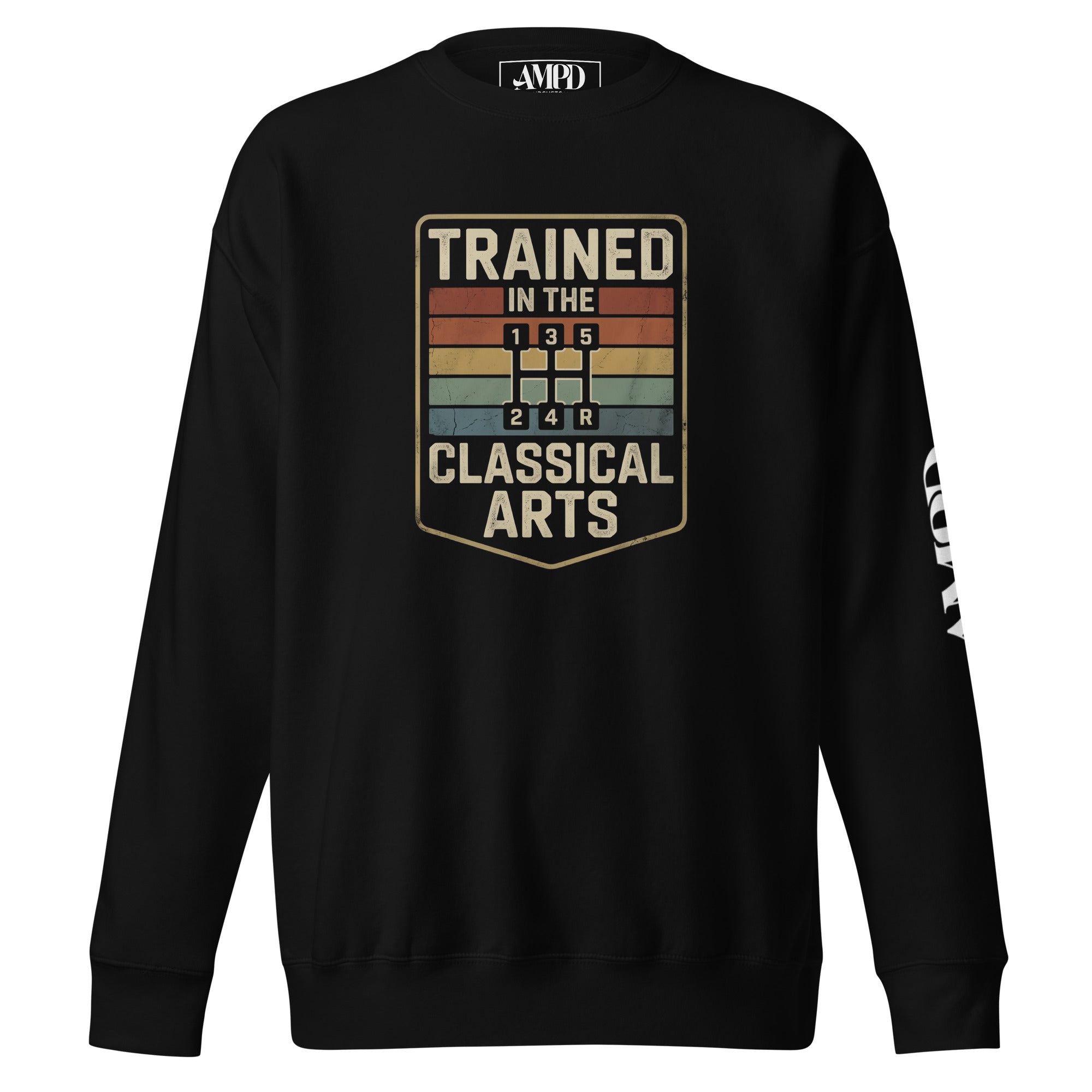 Black sweatshirt with 'Trained in the Classical Arts' graphic on a white background