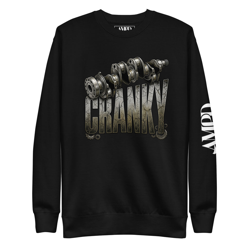 Black sweatshirt with 'CRANKY' graphic and AMPLD branding on a white background