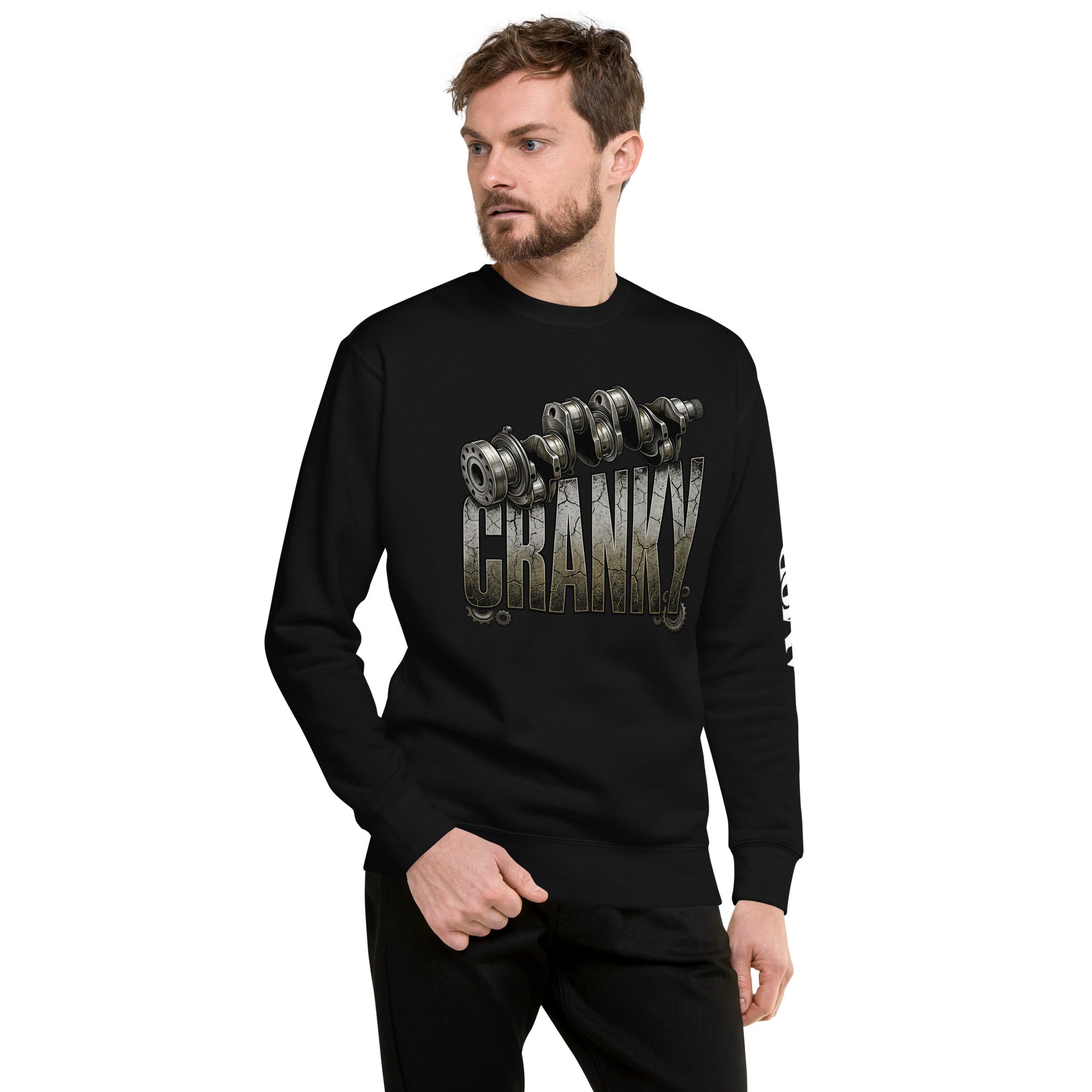 Man wearing a black long-sleeve shirt with 'Cranky' text on a white background