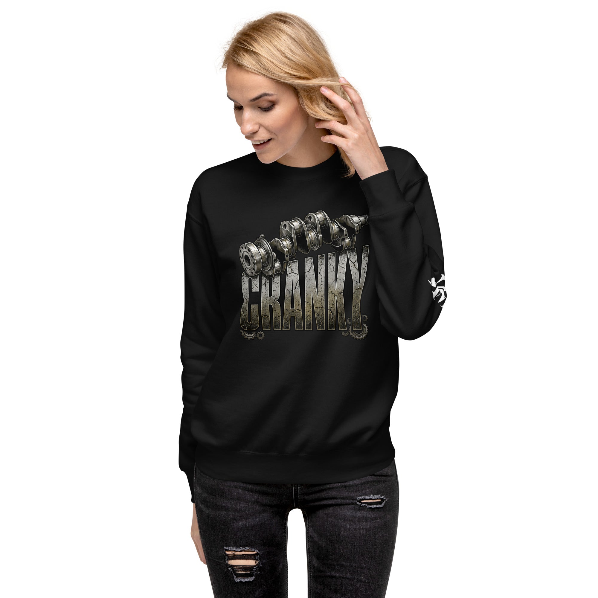 Woman wearing a black sweatshirt with text design on a white background