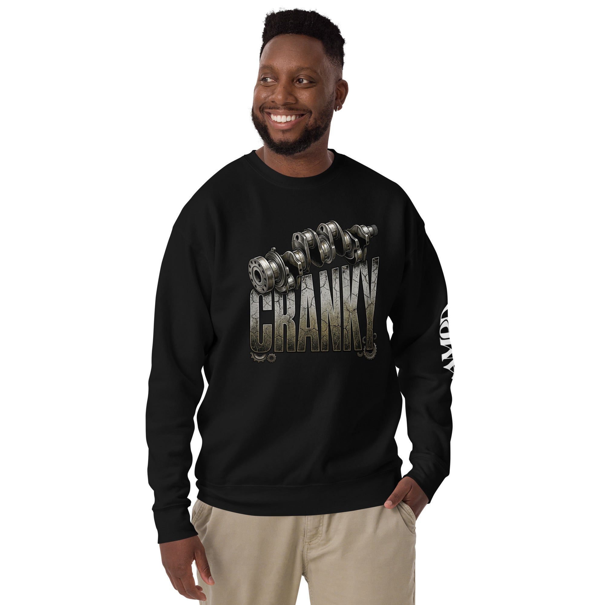 Man wearing a black sweatshirt with 'GRANZY' text and graphic design on a white background