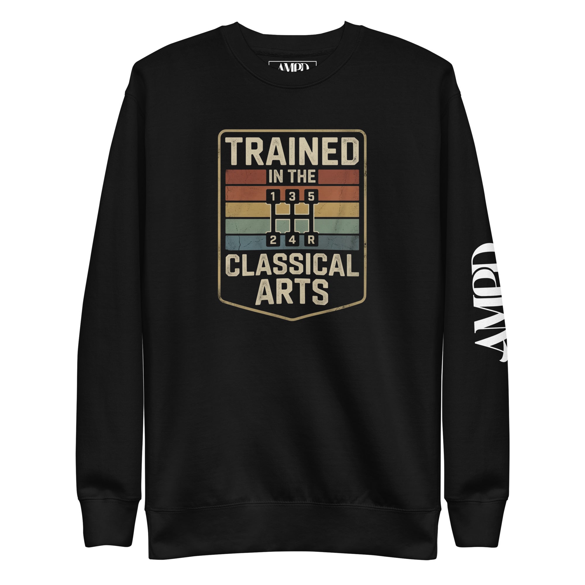 Black sweatshirt with 'Trained in the Classical Arts' graphic on a white background