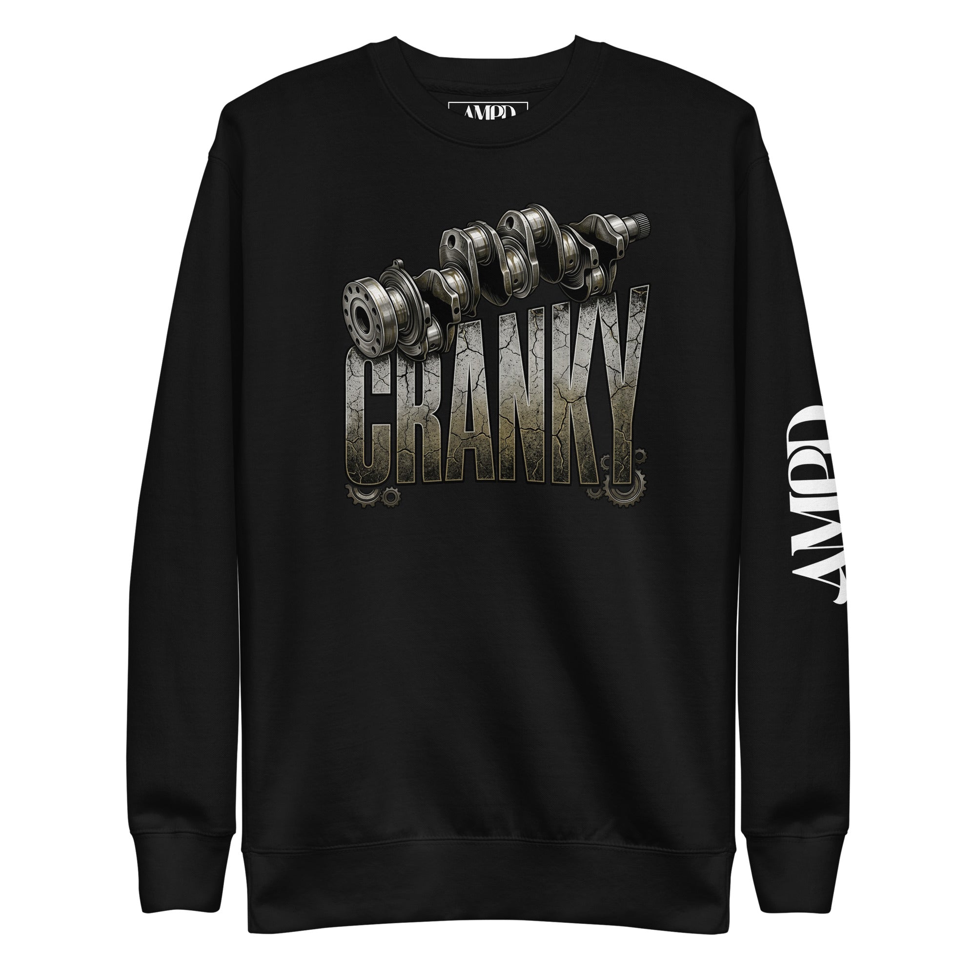 Black sweatshirt with 'CRANKY' graphic and brand logo on a white background