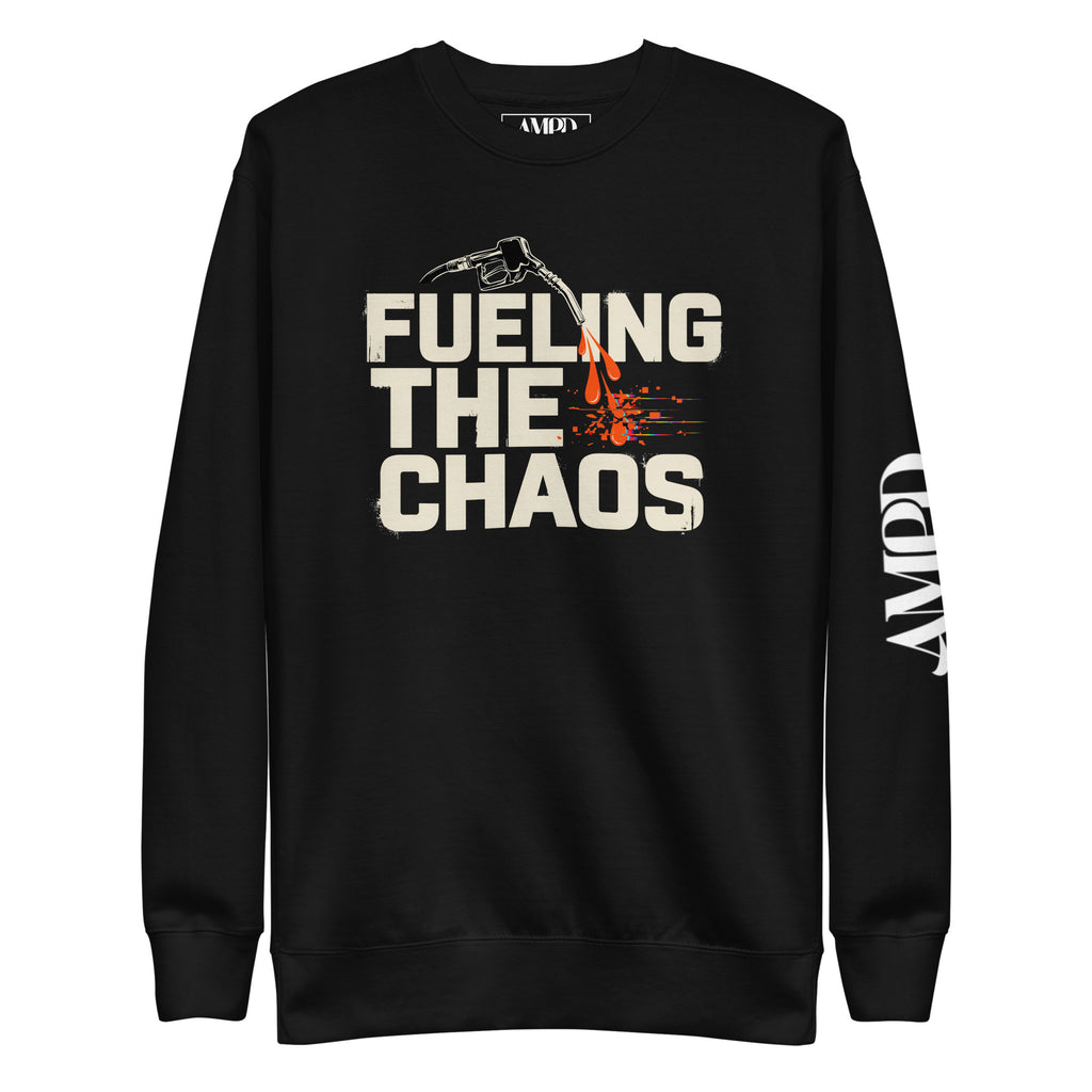 Black sweatshirt with 'Fueling the Chaos' text and logo on a white background